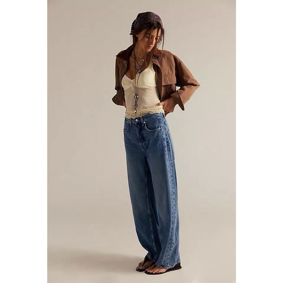 We The Free Denim - We the Free Truro Baggy Puddle Jeans Water Stoned Blue Button Fly Boho Womens 29